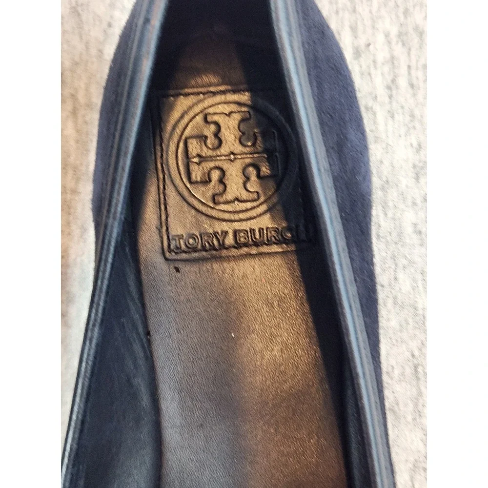 Tory Burch Reva Ballet Flats Womens 7M Navy Blue Suede Logo Medallion